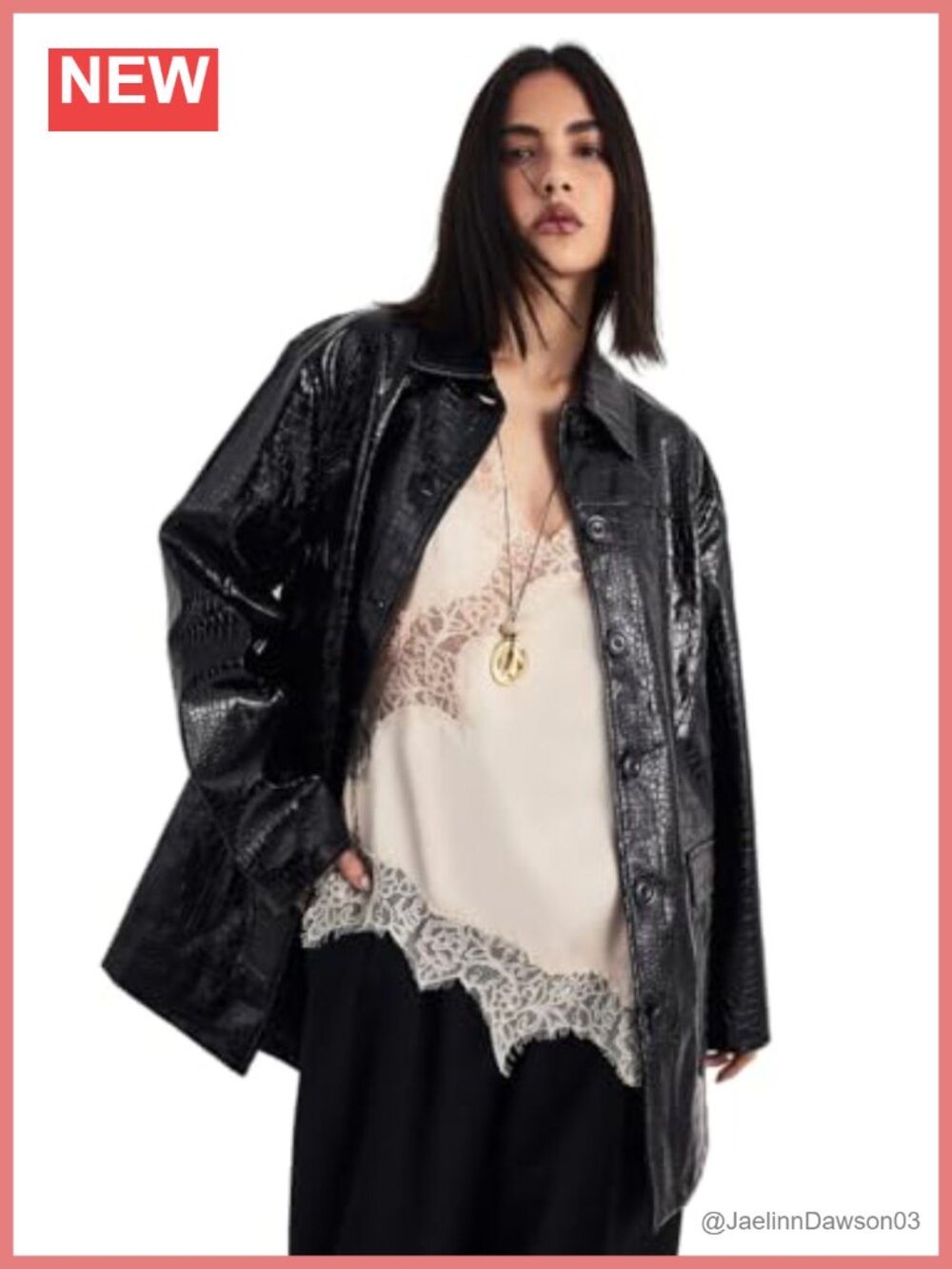 Croc Vinyl Faux Leather Oversized Collared Button Front Jacket